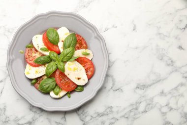 Beyaz mermer masada mozarella, domates, fesleğen ve baharatlı Caprese salatası. Metin için boşluk