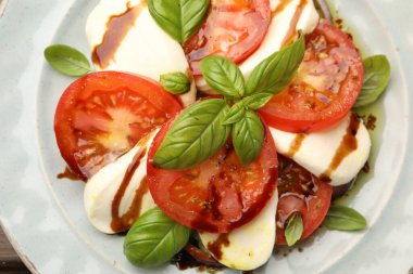 Peynirli, domatesli, fesleğenli ve baharatlı Caprese salatası.
