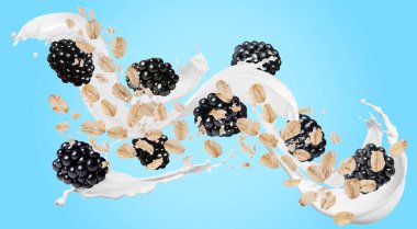 Taze böğürtlenli yulaf gevreği ve açık mavi arka planda uçuşan süt sıçraması. Pankart tasarımı