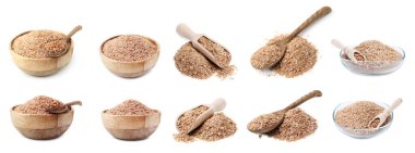 Karabuğday kepeği ve tahıllar beyaz sette izole edilmiş.