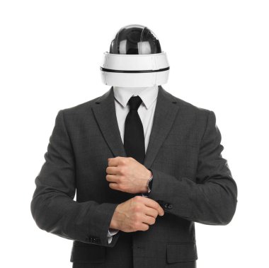 Beyaz arka planda kafası yerine kapalı devre kameralı bir iş adamı.