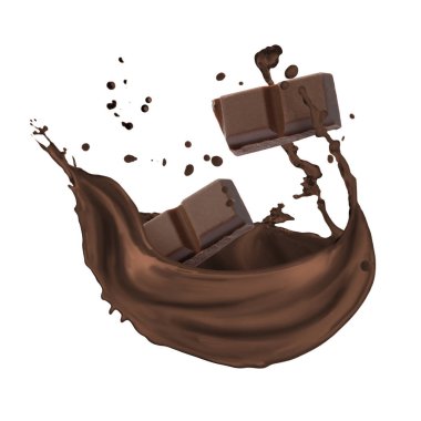 Çikolata ve kakao parçaları beyaz arka planda su sıçratır.