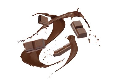 Çikolata ve kakao parçaları beyaz arka planda su sıçratır.