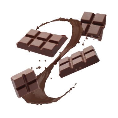 Çikolata ve kakao parçaları beyaz arka planda su sıçratır.