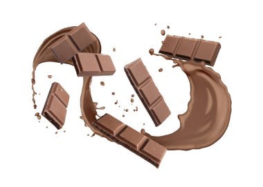 Çikolata ve kakao parçaları beyaz arka planda su sıçratır.