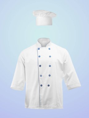 Şefin üniforması açık mavi arka planda. Ceket ve ceket.