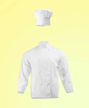 Şef üniforması sarı arka plana karşı havada. Ceket ve ceket.