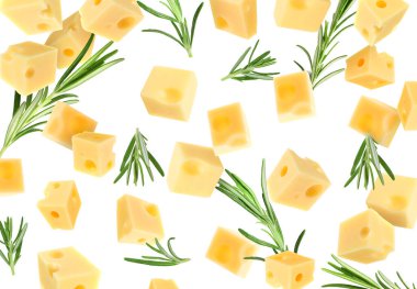 Peynir küpleri ve biberiye beyaz arkaplana çarpıyor