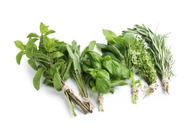 Farklı yeşil otlar, beyaza izole edilmiş, manzaranın üstünde.