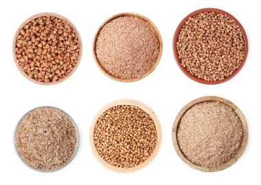 Karabuğday kepeği ve tahıllar beyaza izole edilmiş kaselerde, set. Üst görünüm