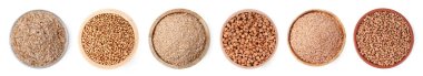Karabuğday kepeği ve tahıllar beyaza izole edilmiş kaselerde, set. Üst görünüm