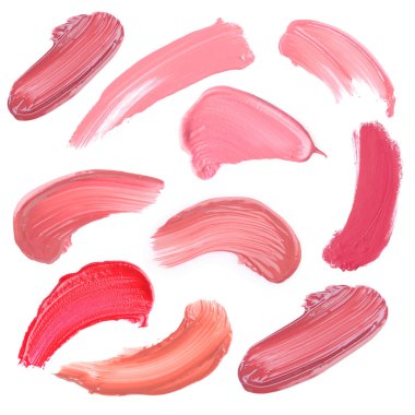 Beyaz arka planda farklı tonlarda dudak estetiği, set. Ürün paleti