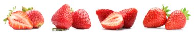 Beyaza izole edilmiş taze sulu çilekler, kolaj. Tam ve dilimlenmiş.