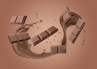 Çikolata parçaları ve kakao arkaplanda su sıçratır.