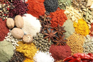 Arka plan, üstten görünüm olarak farklı Aromatik baharatlar