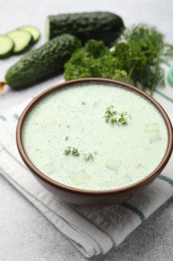 Lezzetli salatalık çorbası ve açık gri masadaki malzemeler, yakın plan.