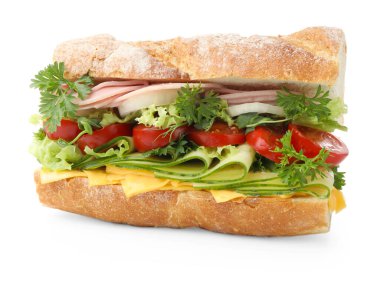 Jambonlu, peynirli ve sebzeli baget sandviç.