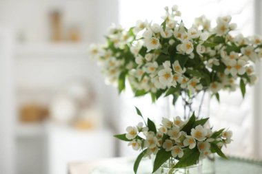 Bir buket güzel yasemin çiçeği vazo içinde kapalı bir masada, yakın plan. Metin için boşluk