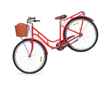 Beyaz arka planda sepeti olan bir bisiklet.