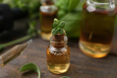 Ahşap masada gerekli yağ ve bitkiler, yakın plan.