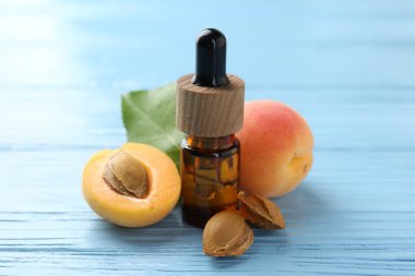 Bir şişe gerekli yağ, taze kayısılar ve açık mavi ahşap masa üzerinde çekirdekler, yakın plan.