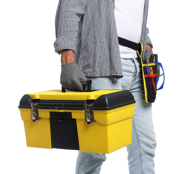 Professional repairman with tool box on white background, closeup