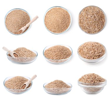 Karabuğday kepeği kabı beyaza izole edilmiş, set. Üst ve yan görünüm