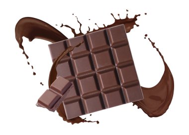 Çikolata ve kakao parçaları beyaz arka planda su sıçratır.