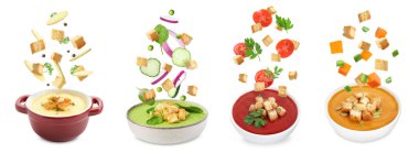 Beyaz arkaplana karşı çorba kaselerine dökülen kızarmış ekmekler.