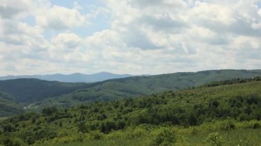 Tepelerdeki güzel ormanın resimli manzarası. Kamera sola hareket ediyor