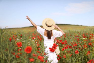 Bir çanta gelincik çiçekli şapkalı kadın kır çayırda, arka manzara