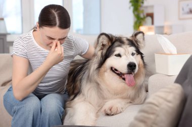 Evde köpeğine alerjisi olan bir kadın.
