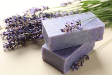 Aromatik sabun barları ve bej arka planda lavanta çiçekleri, yakın plan.