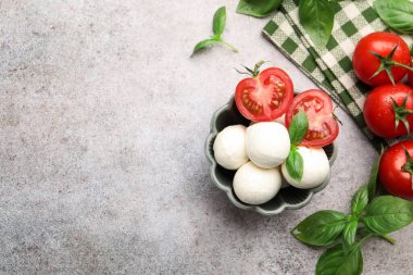 Lezzetli mozzarella peyniri topları, domates ve fesleğen, gri masa, düz yatak. Metin için boşluk