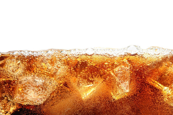 Refreshing cola with ice isolated on white