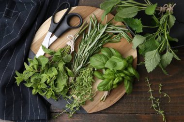 Farklı yeşil otlar ve makas ahşap masada, düz yatıyordu.