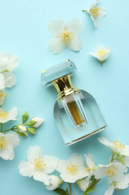 Bir şişe parfüm ve açık mavi arka planda güzel yasemin çiçekleri.