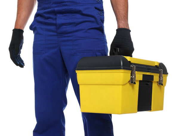 Professional repairman with tool box on white background, closeup