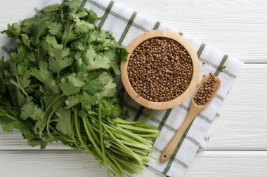 Kişniş tohumu ve taze kişniş beyaz ahşap masa, üst manzara