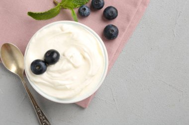 Lezzetli yoğurt kasede, yabanmersini, nane ve kaşık gri masada, düz yerde. Metin için boşluk
