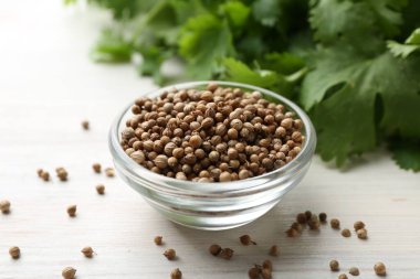 Kase içinde kişniş tohumları ve hafif ahşap masada taze kişniş yaprakları, yakın plan.