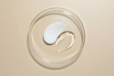 Petri kabında bej arka planda farklı kozmetik ürünleri, üst görünüm