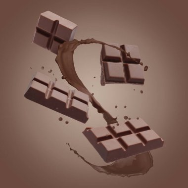 Çikolata parçaları ve kakao arkaplanda su sıçratır.