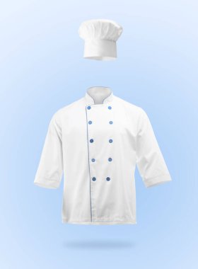 Şefin üniforması açık mavi arka planda. Ceket ve ceket.