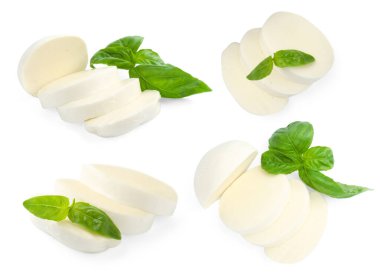 Mozzarella ve fesleğen beyaza izole edilmiş. İtalyan peyniri