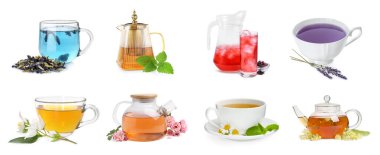 Çiçekler ve bitkisel çaylar beyaz sette izole edilmiş.