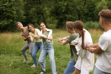 Takım oluşturma. Dışarıda halatla çekme oyunu oynayan bir grup mutlu insan.