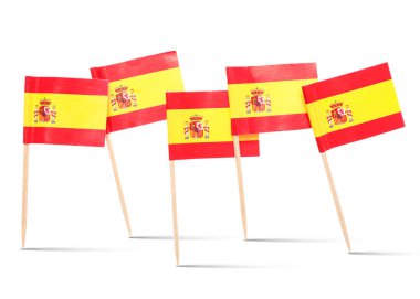 Beyaz arka planda İspanya 'nın küçük kağıt bayrakları