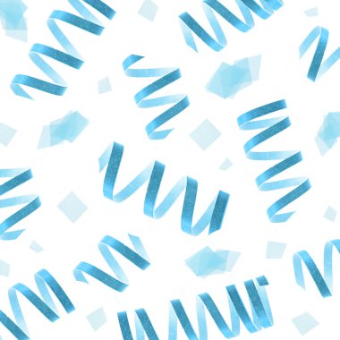 Açık mavi serebentin flamalar ve beyaz arka plana konfetiler düşüyor.