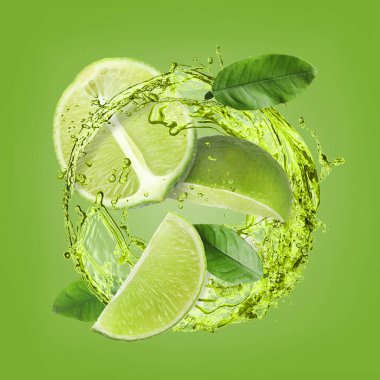 Taze sulu limonlar ve yeşil arka planda bir tutam içki.